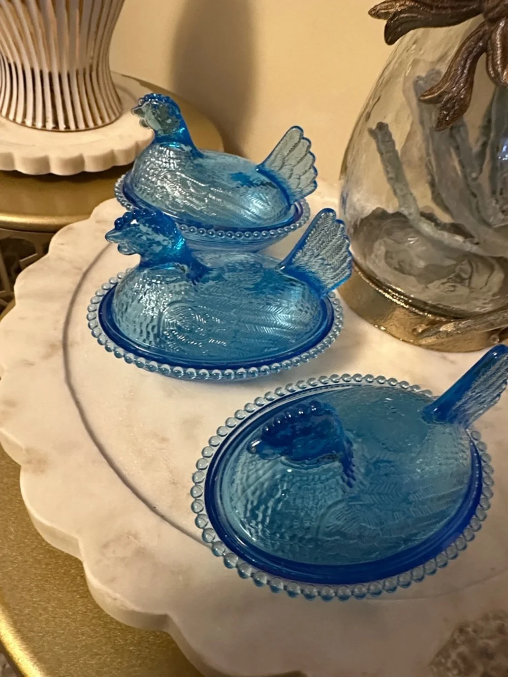 Blue Plastic Hen-on-Nest Covered Dish - Decorative Serving Dish. Set of 3